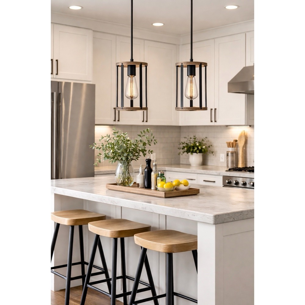 2 Pack Farmhouse Pendant Light Kitchen Island Hanging Black /wood Adjustable NEW